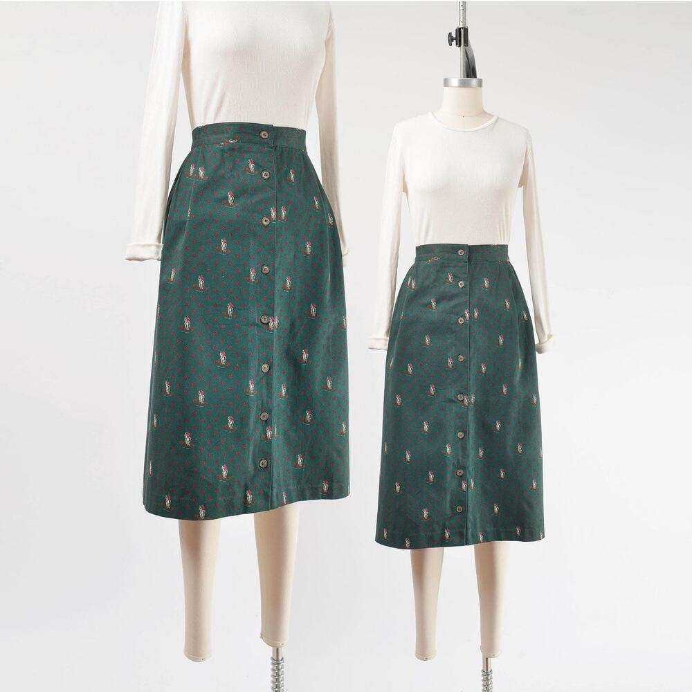 Vintage 90s Equestrian Print Horse Riding Hunting Cotton Button Front Midi Skirt